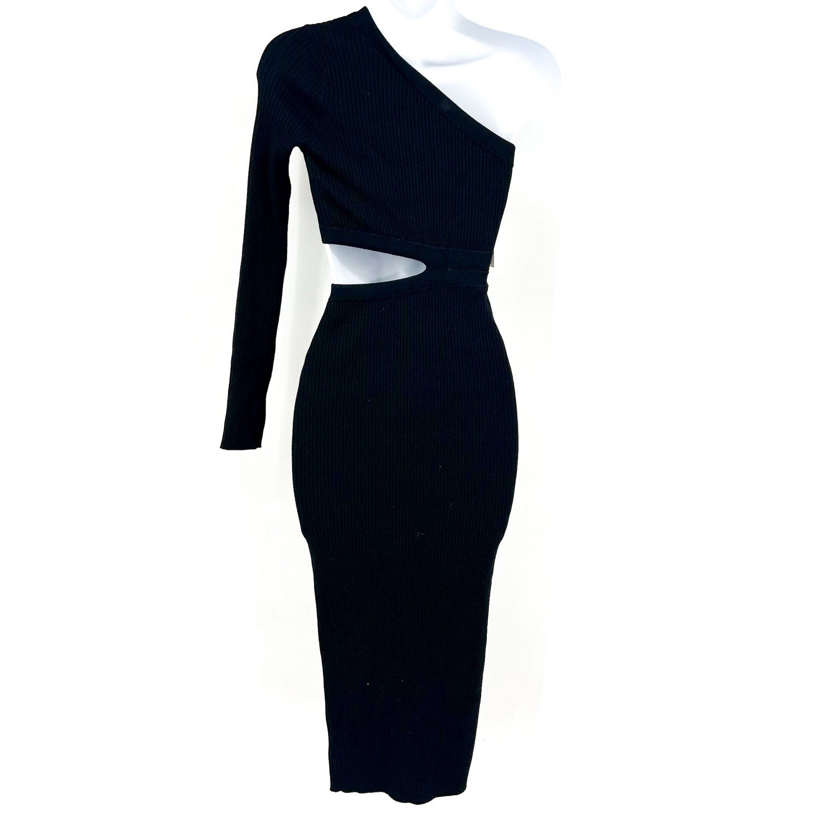 ALLSAINTS Daisy Cut Out Maxi Dress Small Black Asymmetric One Shoulder Knit NWT