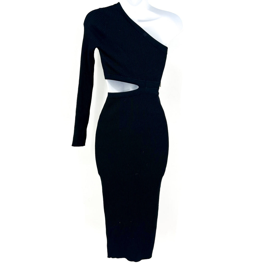ALLSAINTS Daisy Cut Out Maxi Dress Small Black Asymmetric One Shoulder Knit NWT