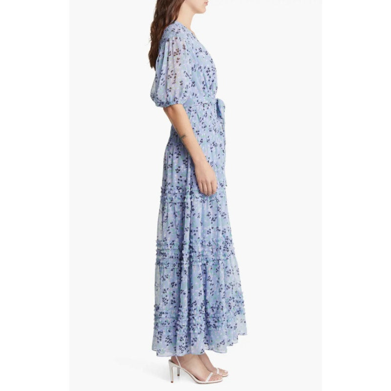 TED BAKER Womens Blakeli Floral Dress TED 0 US 2 Blue Smocked Puff Sleeve NWOT