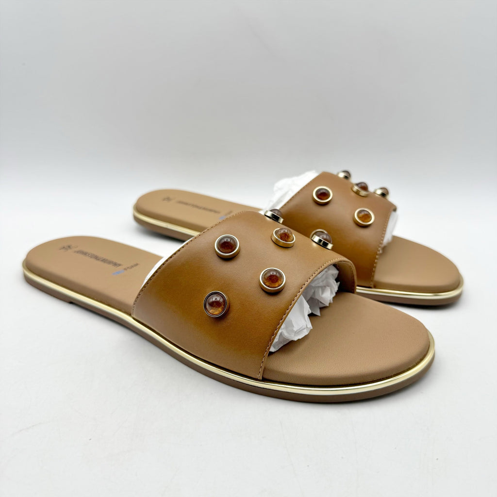 Johnston & Murphy Womens Shayla Slide Sandal US 10 M Tan Leather Embellished NIB