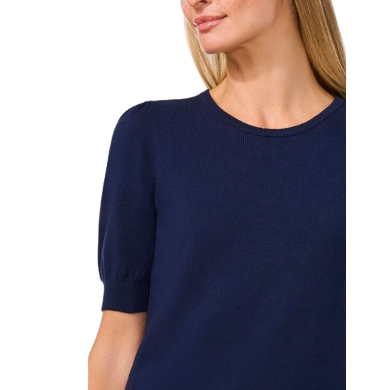 CECE Womens Knit Top Small Classic Navy Blue Pearl Button Short Sleeve NWT