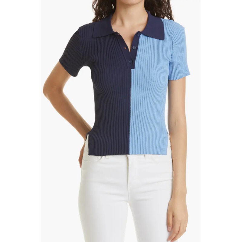 STAUD Women's Brice Bicolor Polo Shirt Medium Blue Colorblock Ribbed Knit NWOT