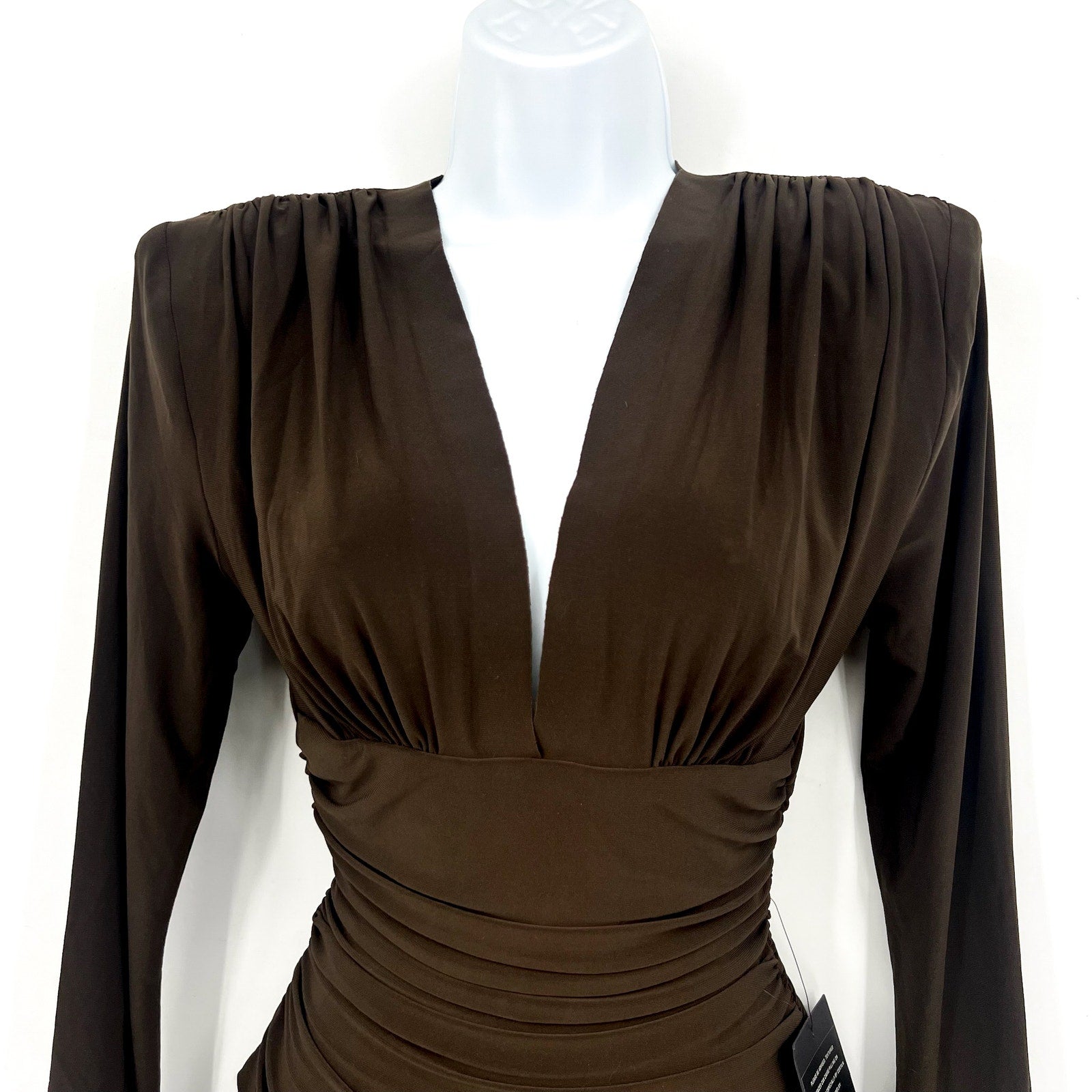 Norma Kamali V-Neck Shirred Waist Jumpsuit XS/34 Chocolate Brown Long Sleeve NWT