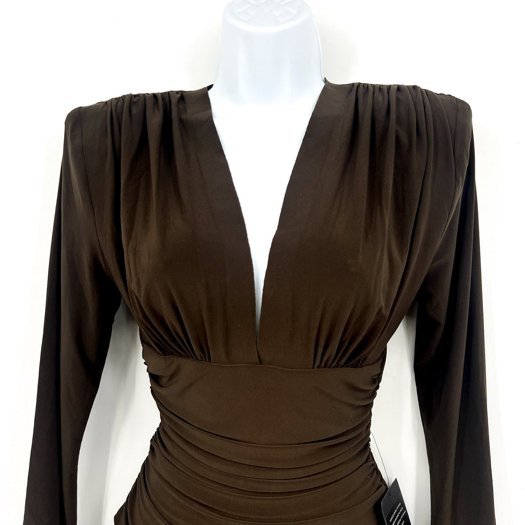 Norma Kamali V-Neck Shirred Waist Jumpsuit XS/34 Chocolate Brown Long Sleeve NWT