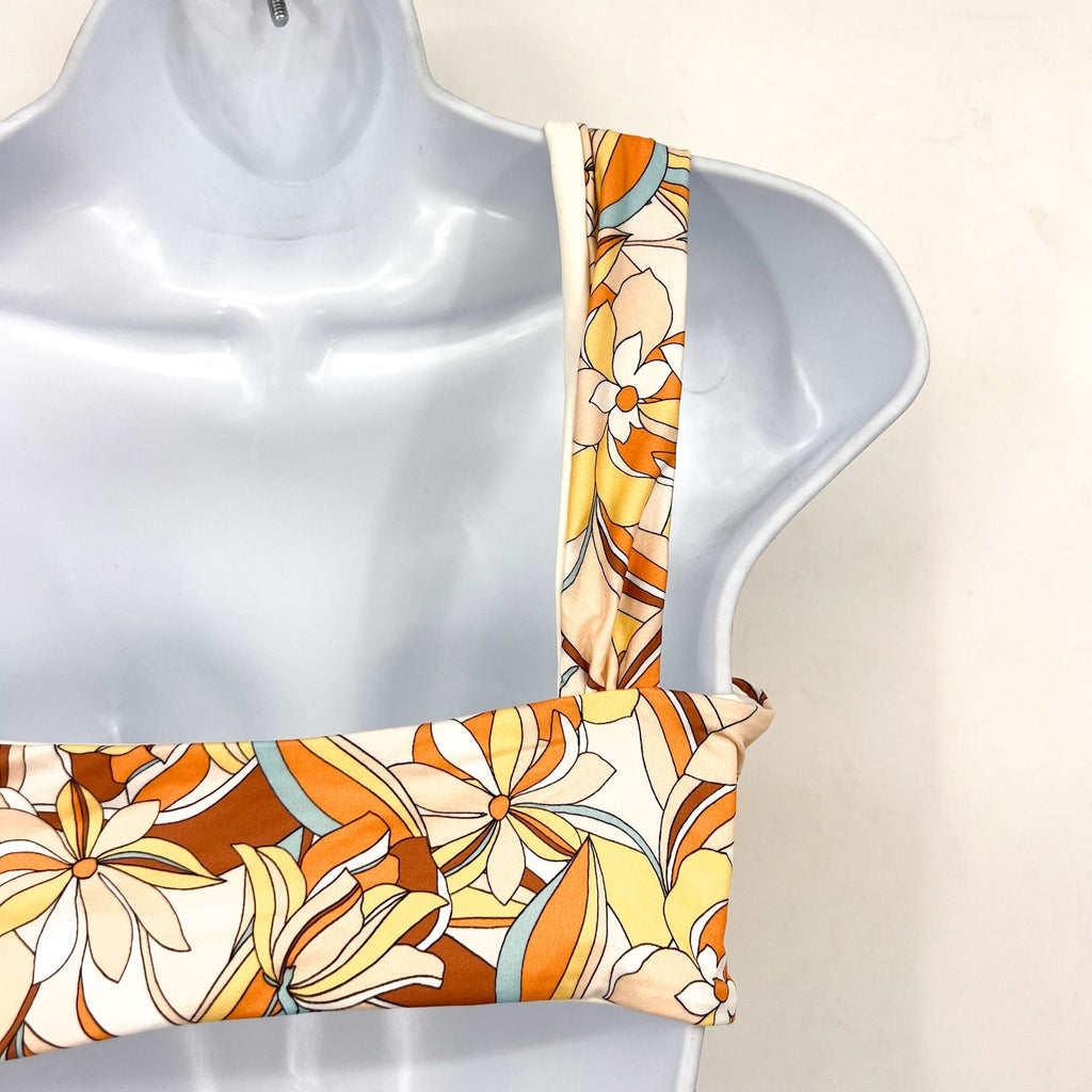 L*Space Womens Mick Bikini Top XL Yellow Mod Print Floral One Shoulder NWOT