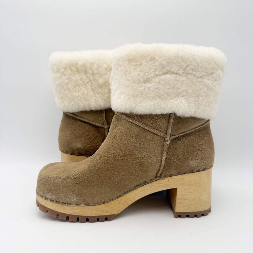 MIA Clogs Womens Jildie Boots Size M Beige Tan Suede Fur Trim NWOB
