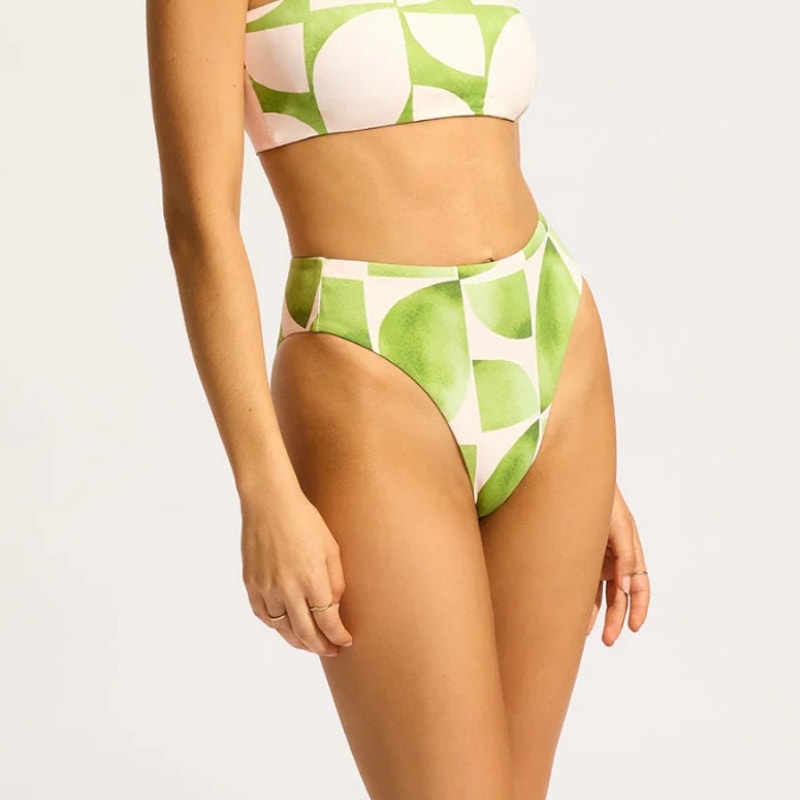 SEAFOLLY Women's Sunray Bikini Bottom Size 4 Green Sage Print High Waisted NWT