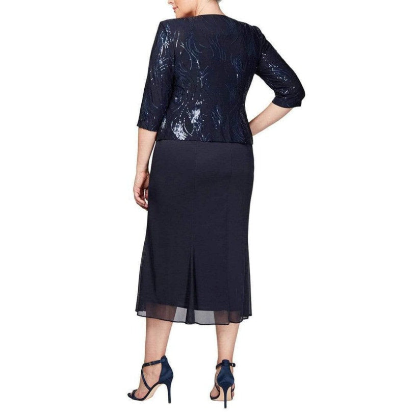 ALEX EVENINGS Chiffon & Sequin Dress & Jacket Set 18W Navy Blue Formal NWT