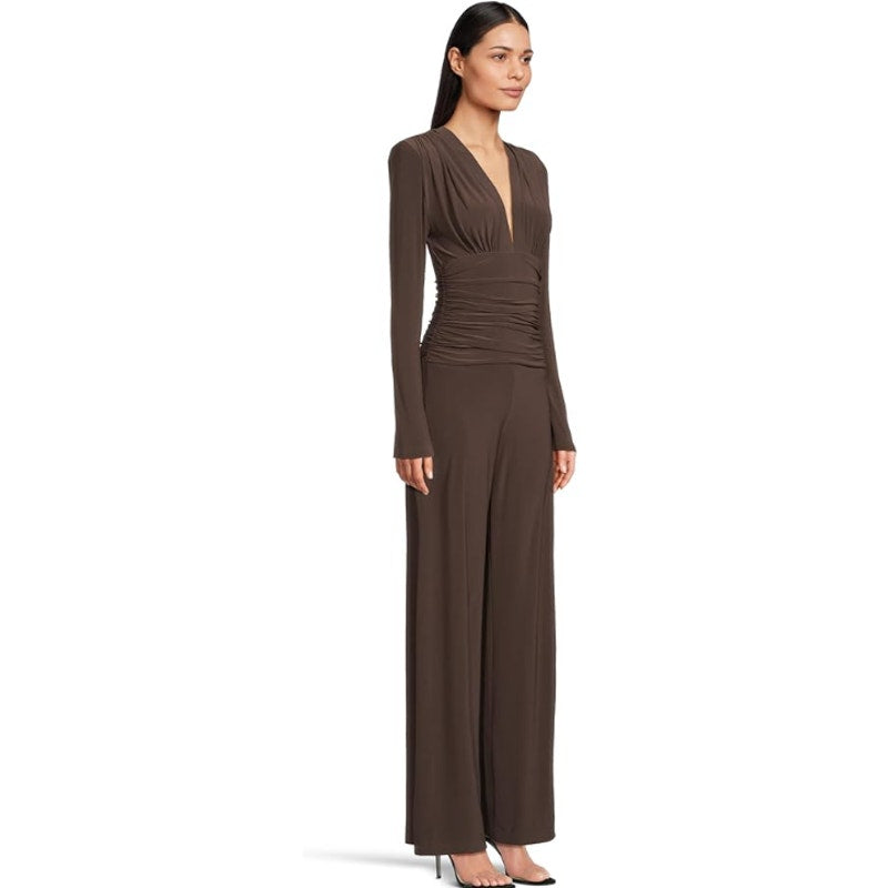 Norma Kamali V-Neck Shirred Waist Jumpsuit XS/34 Chocolate Brown Long Sleeve NWT