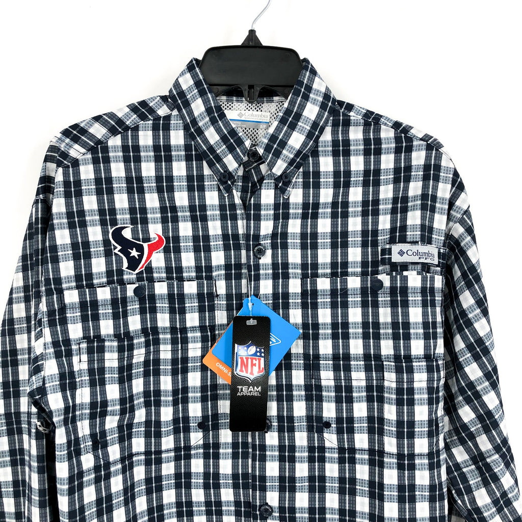 COLUMBIA Mens Super Tamiami LS Shirt Small Blue White Houston Texans PFG NWT