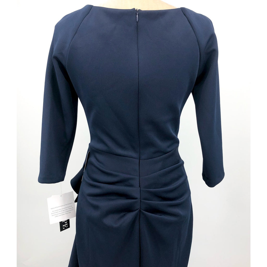 XSCAPE Women's Ruched Scuba Ruffle Gown Size 8 Midnight Blue 3/4 Sleeves NWT