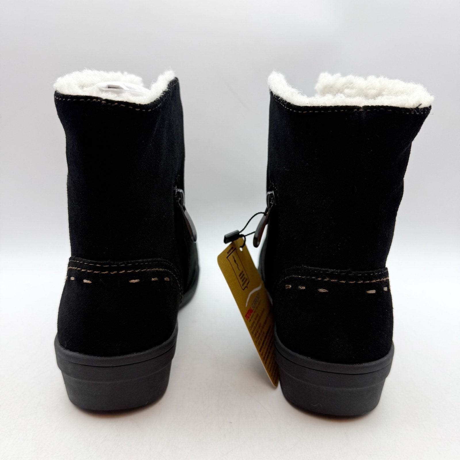 Spenco Womens Sun Valley Ankle Boots US 5.5 Wide Black Suede Sherpa Lined NIB