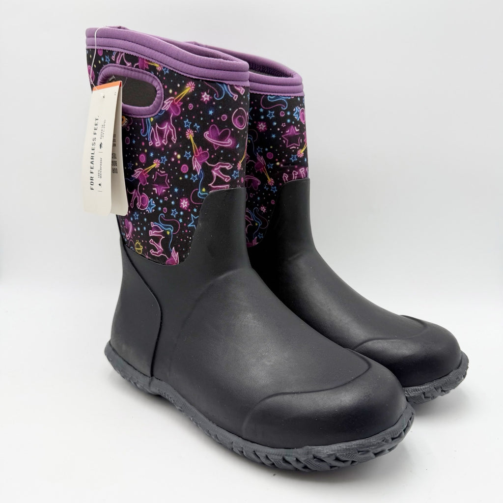 Bogs Girls York Rain Boots Size 5 Black Purple Neon Unicorn Waterproof NWOB