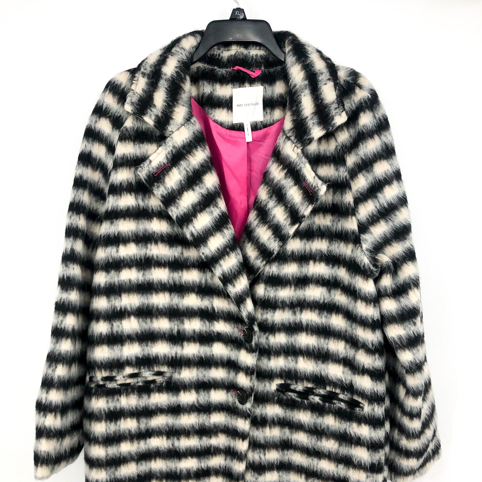 AVEC LES FILLES Womens Relaxed Walking Coat Large Black White Houndstooth NWT