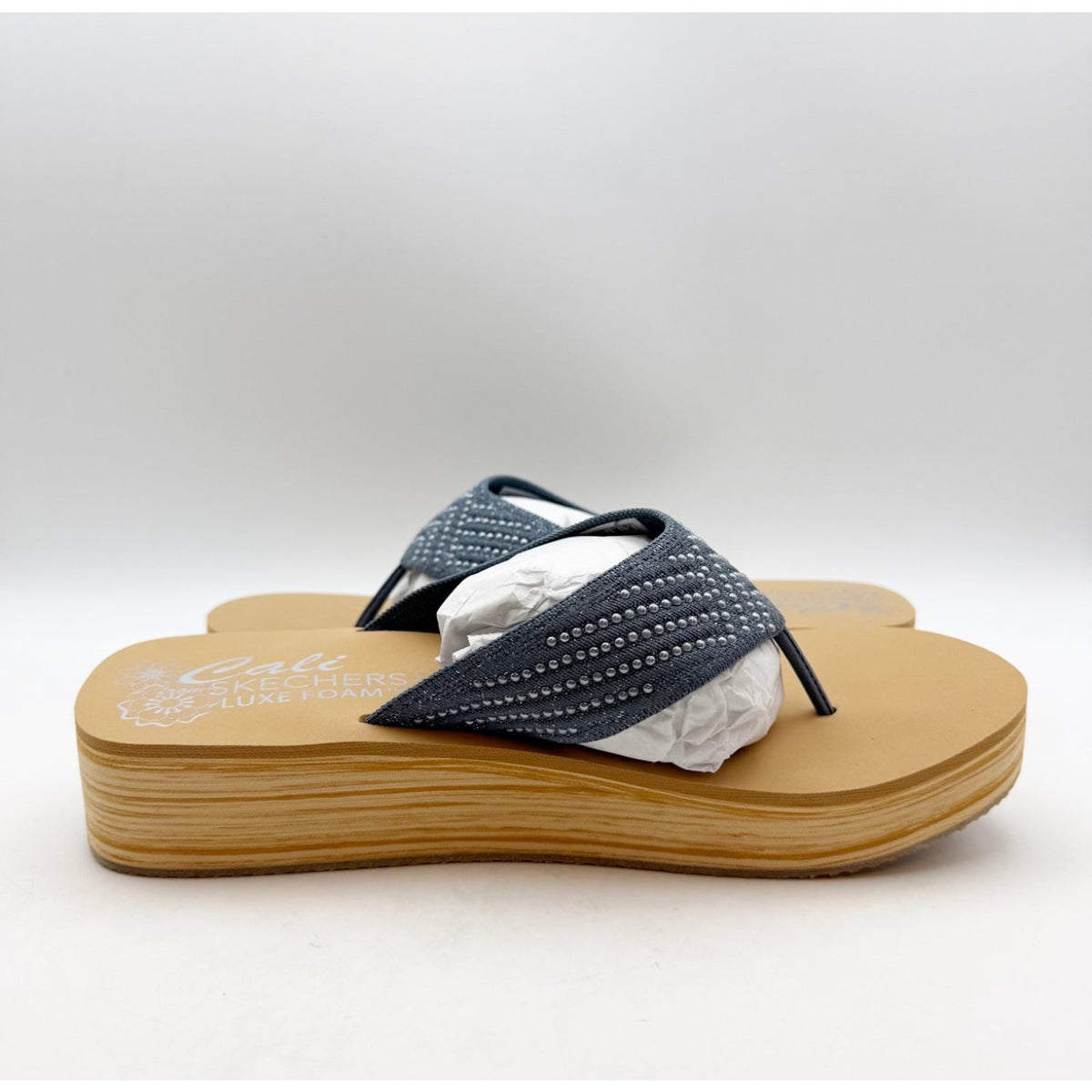 Skechers Womens Summers Mid Wedge Thong Sandals Size 10 EU 40 Slate Blue Tan NIB