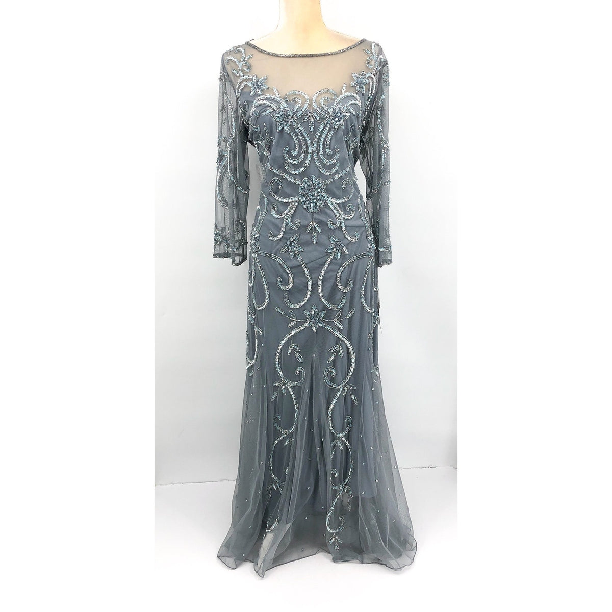 PISARRO NIGHTS Beaded Illusion Neck Gown Size 14 Sky Blue Gray 3/4 Sleeve NWT