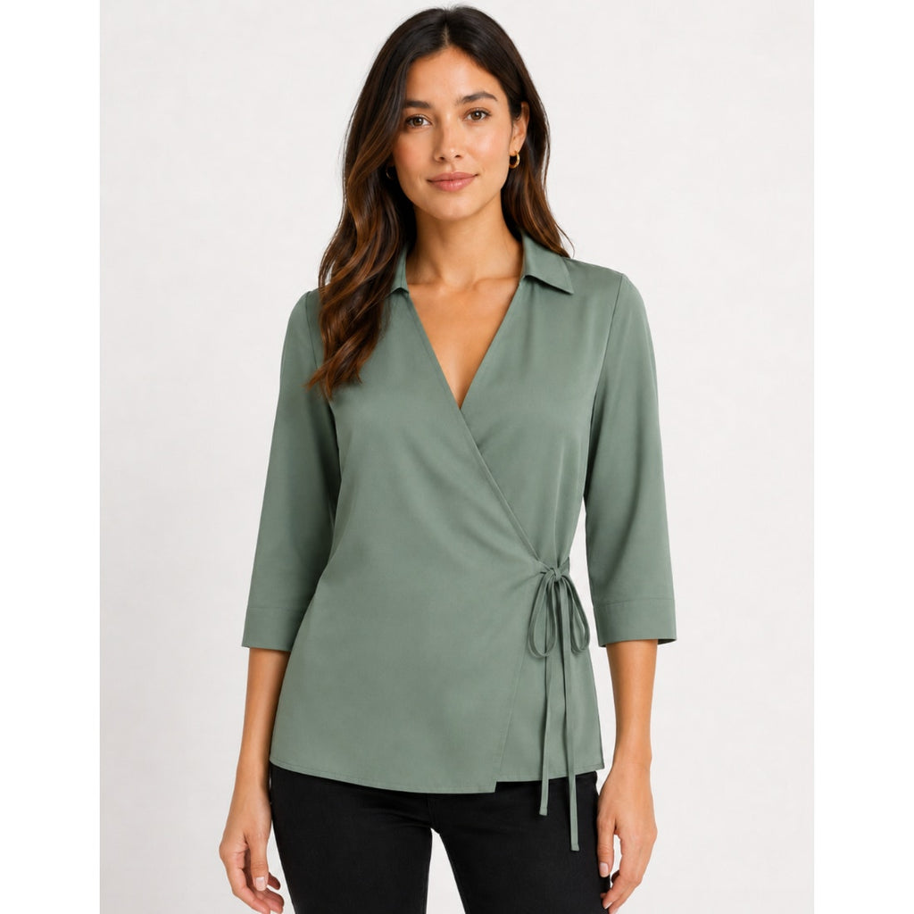 MONTGOMERY POST Womens Wrap Sleeve Blouse Small Green Three Quarter NWT