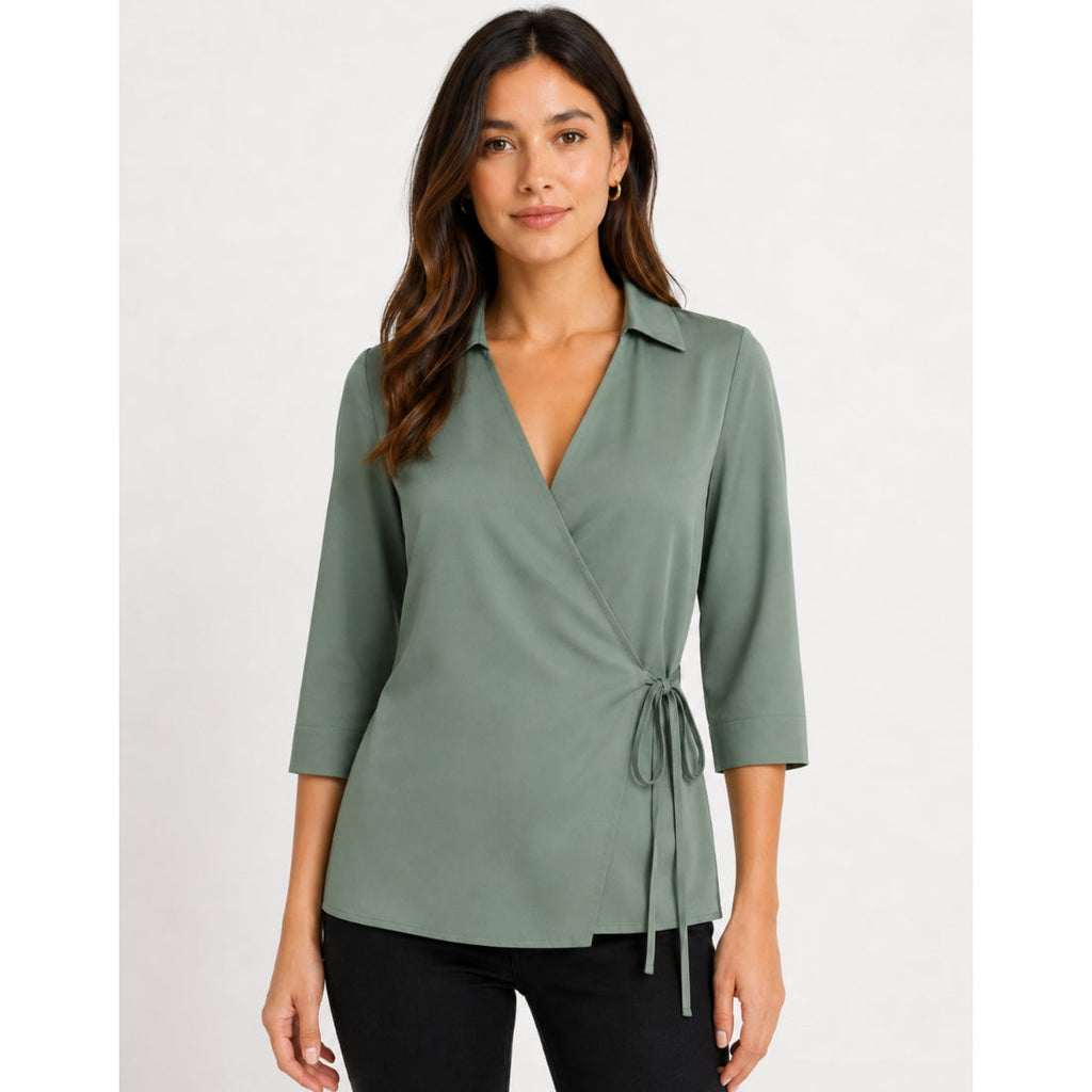 MONTGOMERY POST Womens Wrap Sleeve Blouse Small Green Three Quarter NWT