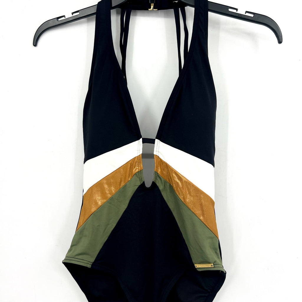 VINCE CAMUTO Gold Shimmer Blocked Punging One-Piece Swimsuit Size 4 Black NWT