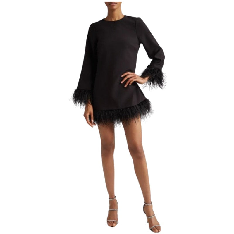 LIKELY Women Marullo Feather Trim Mini Dress Size 4 Black Long Sleeve Shift NWT
