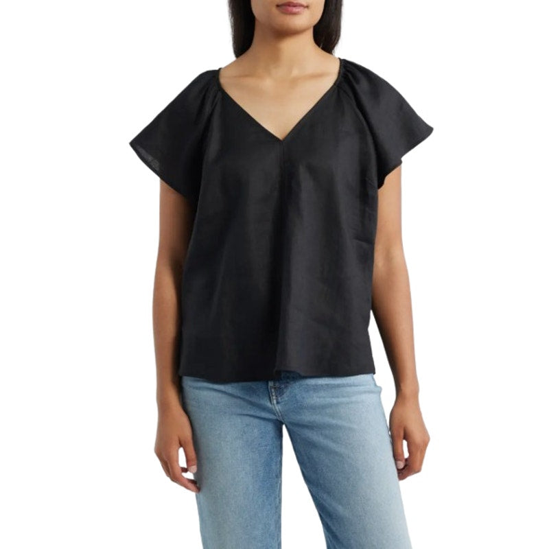 TOMMY BAHAMA Coastalina Linen Top Small Black Short Sleeve V-Neck Flutter NWT