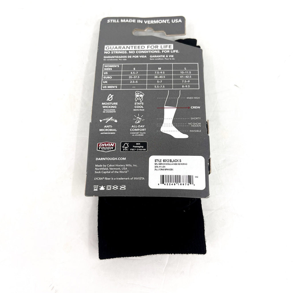 DARN TOUGH Women's Small 4.5-7 Black Solid Basic Crew Lightweight Sock NWT