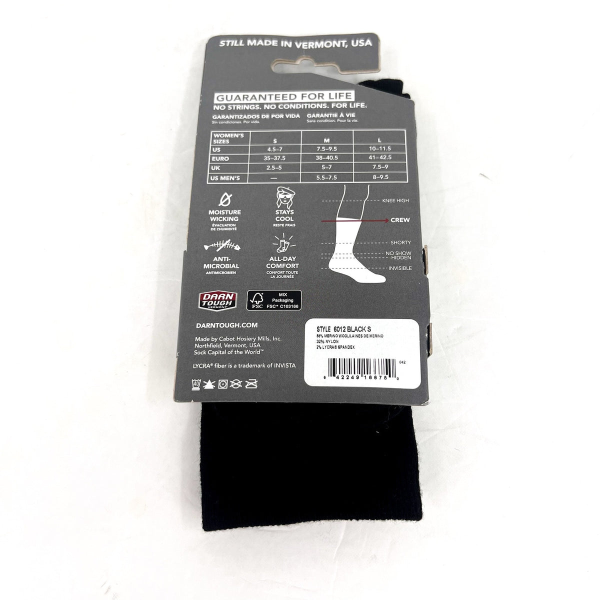DARN TOUGH Women's Small 4.5-7 Black Solid Basic Crew Lightweight Sock NWT