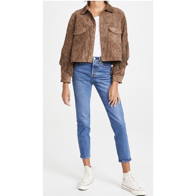 BLANKNYC Women's Faux Suede Fringe Jacket Medium Brown Hot Cocoa Long Sleeve NWT