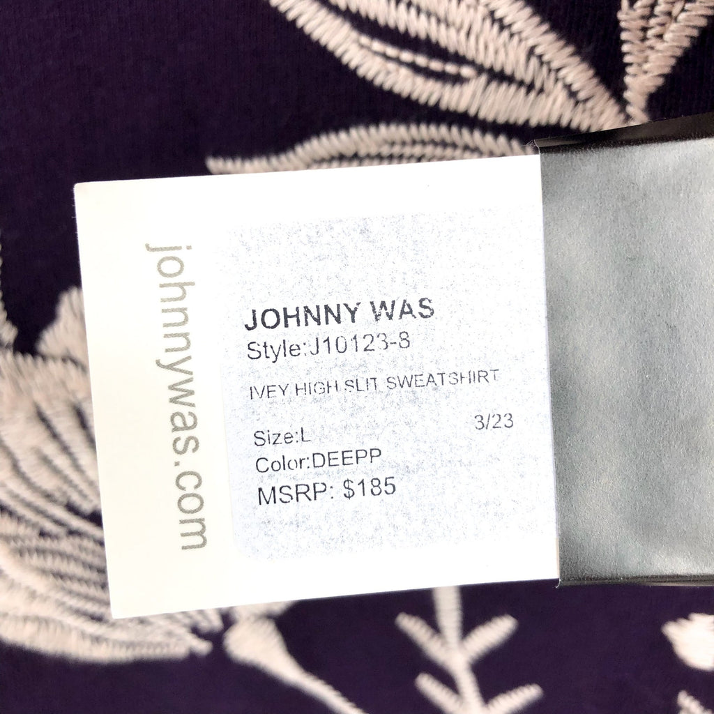 JOHNNY WAS Women's Ivey High Slit Sweatshirt Large Deep Purple Floral NWT