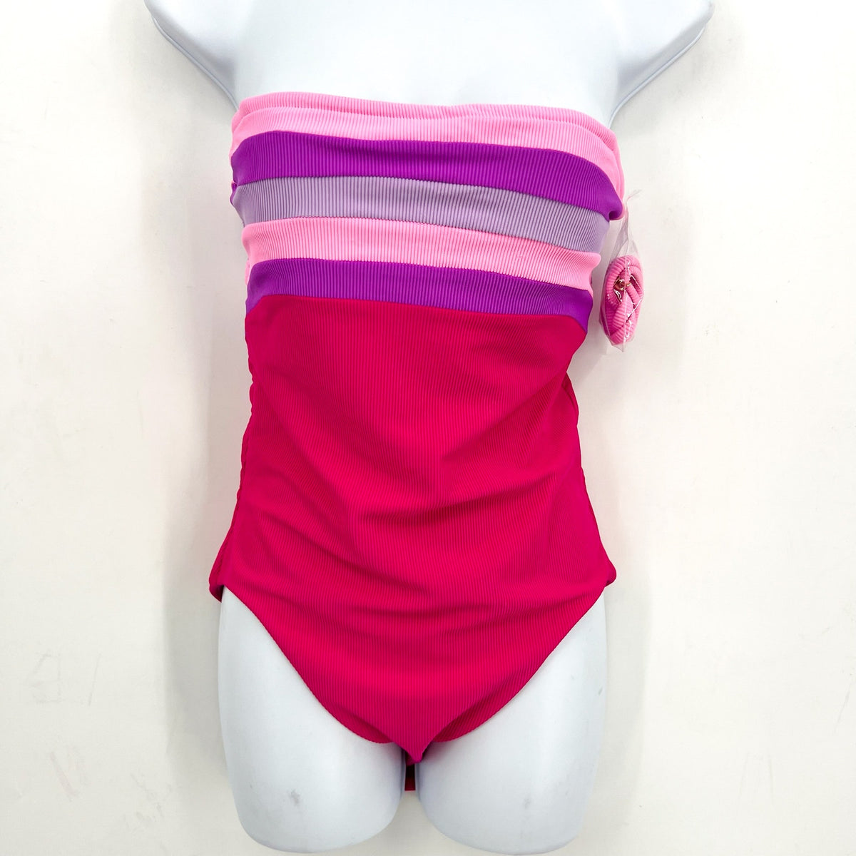 BEACH RIOT Jessa Bandeau One Piece Swimsuit Small Pink Raspberry Colorblock NWT