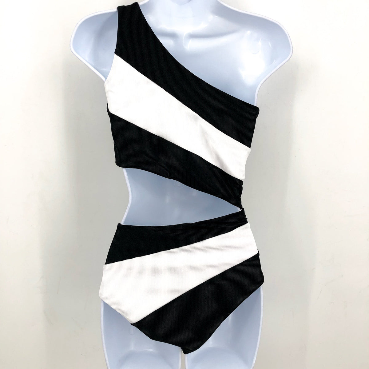 BEACH RIOT Women's Joyce One Shoulder One Piece Swimsuit Large Black White NWT