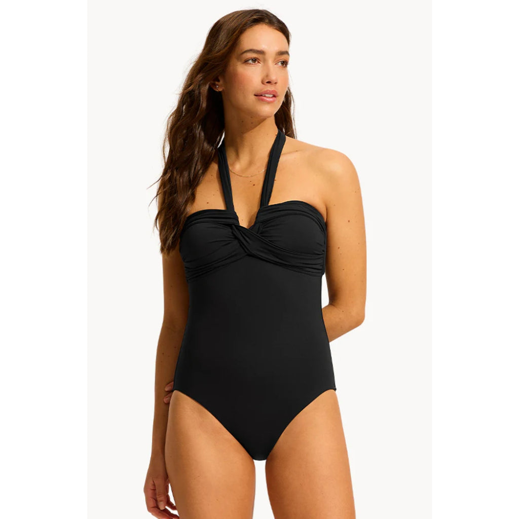 SEAFOLLY Women's Halter Bandeau One Piece Swimsuit Size 4 Black Twist Front NWT