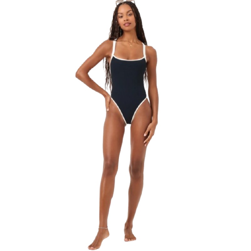 L*SPACE Women's Ribbed Baewatch One Piece Swimsuit XL Black Cream Low Back NWT