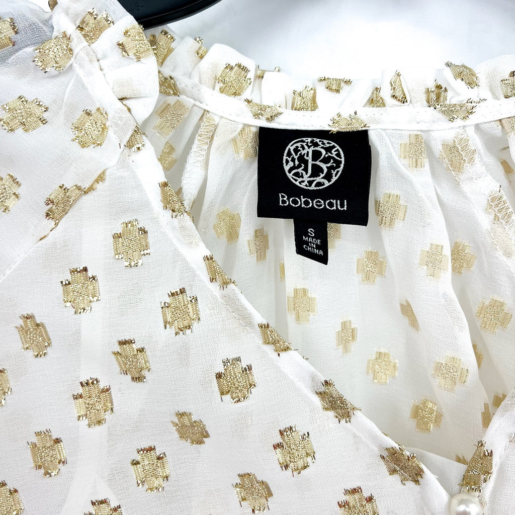 BOBEAU STITCH FIX Womens Metallic Print Blouse Small White Gold Dots Top NWOT