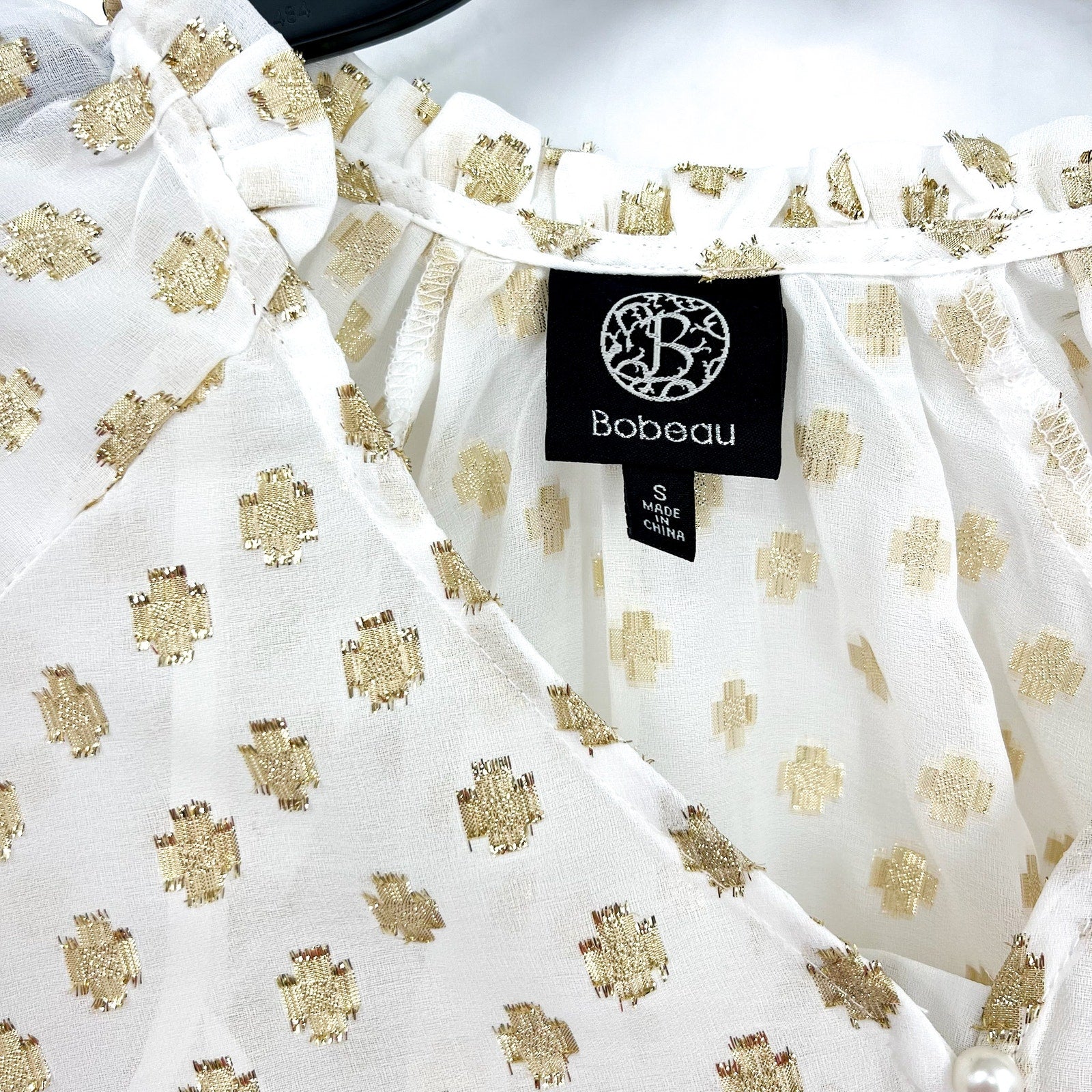 BOBEAU STITCH FIX Womens Metallic Print Blouse Small White Gold Dots Top NWOT