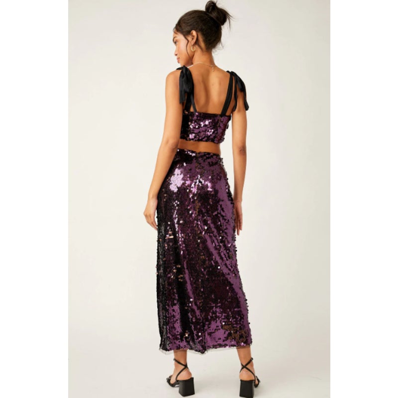 FREE PEOPLE Star Bright Sequin Set Size 10 Purple Maxi Skirt Crop Top NWT