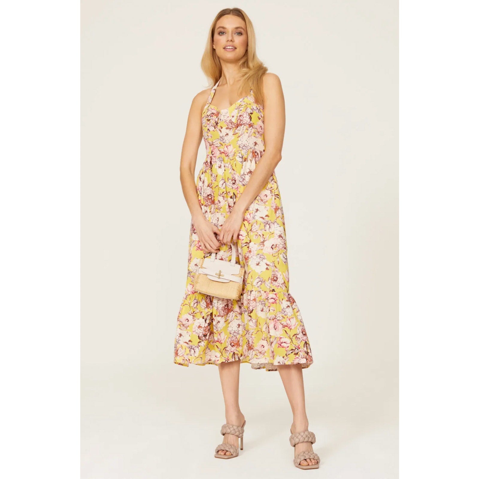 BARDOT Womens Labella Midi Dress US 2 XS Tropical Yellow Floral-Print Halter NWT