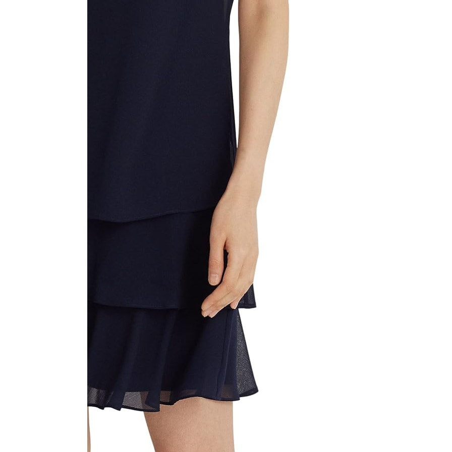 LAUREN RALPH LAUREN Womens Shift Dress Size 6 Navy Blue Crinkle Georgette NWT