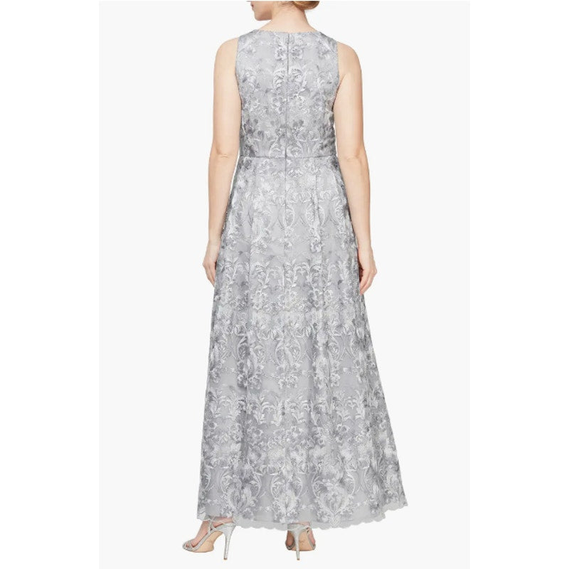 ALEX EVENINGS Embroidered Sleeveless Formal Gown Size 6 Pewter Silver NWOT
