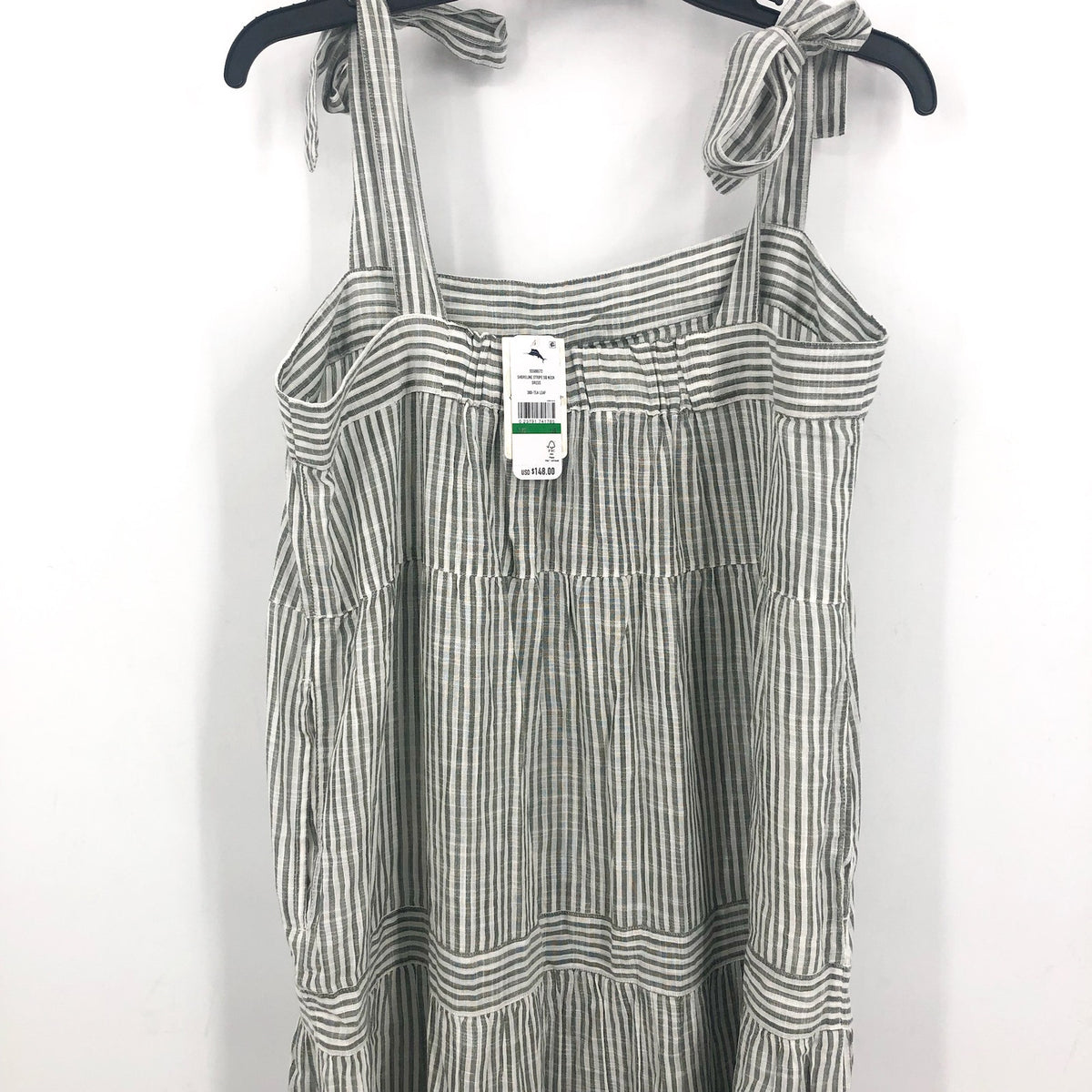 TOMMY BAHAMA Shoreline Stripe Midi Dress Large Green Gray White Cover-Up NWT