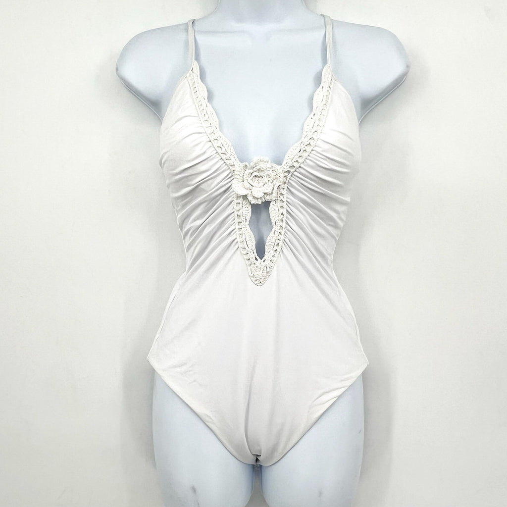 BECCA Colette Clare Plunge One Piece Swimsuit Large White Crochet Flower NWT