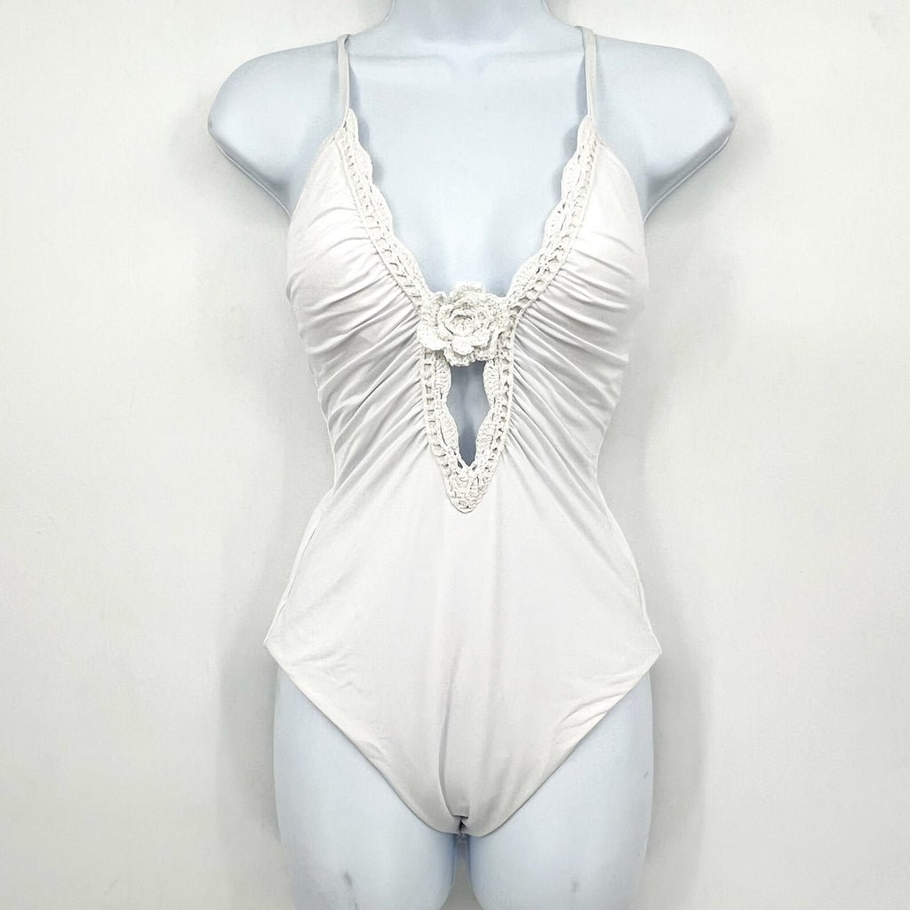 BECCA Colette Clare Plunge One Piece Swimsuit Large White Crochet Flower NWT