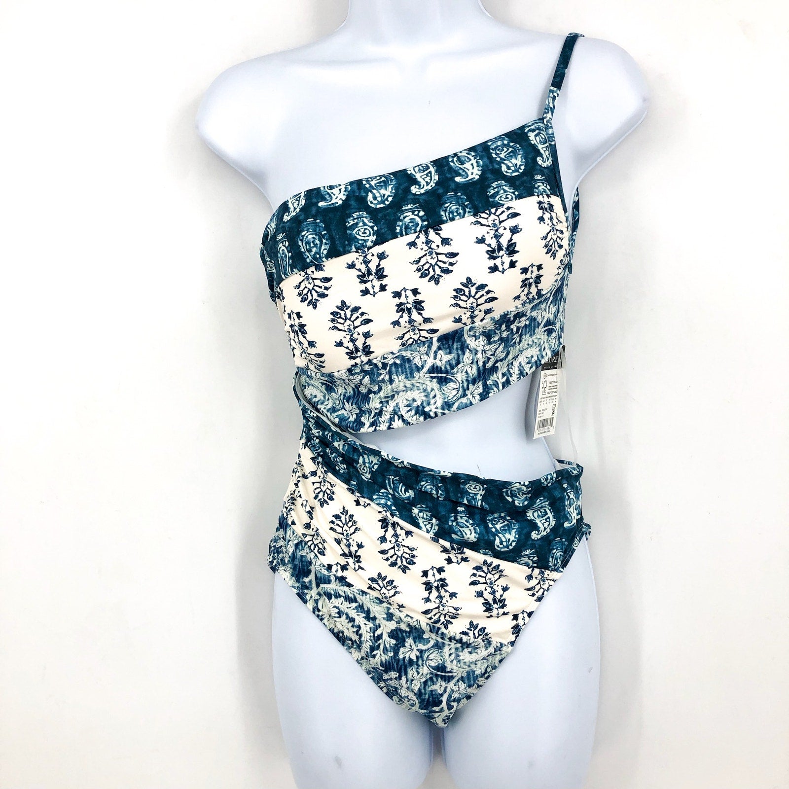 Lauren Ralph Lauren One Shoulder One Piece Swimsuit Size 10 Blue White Print NWT