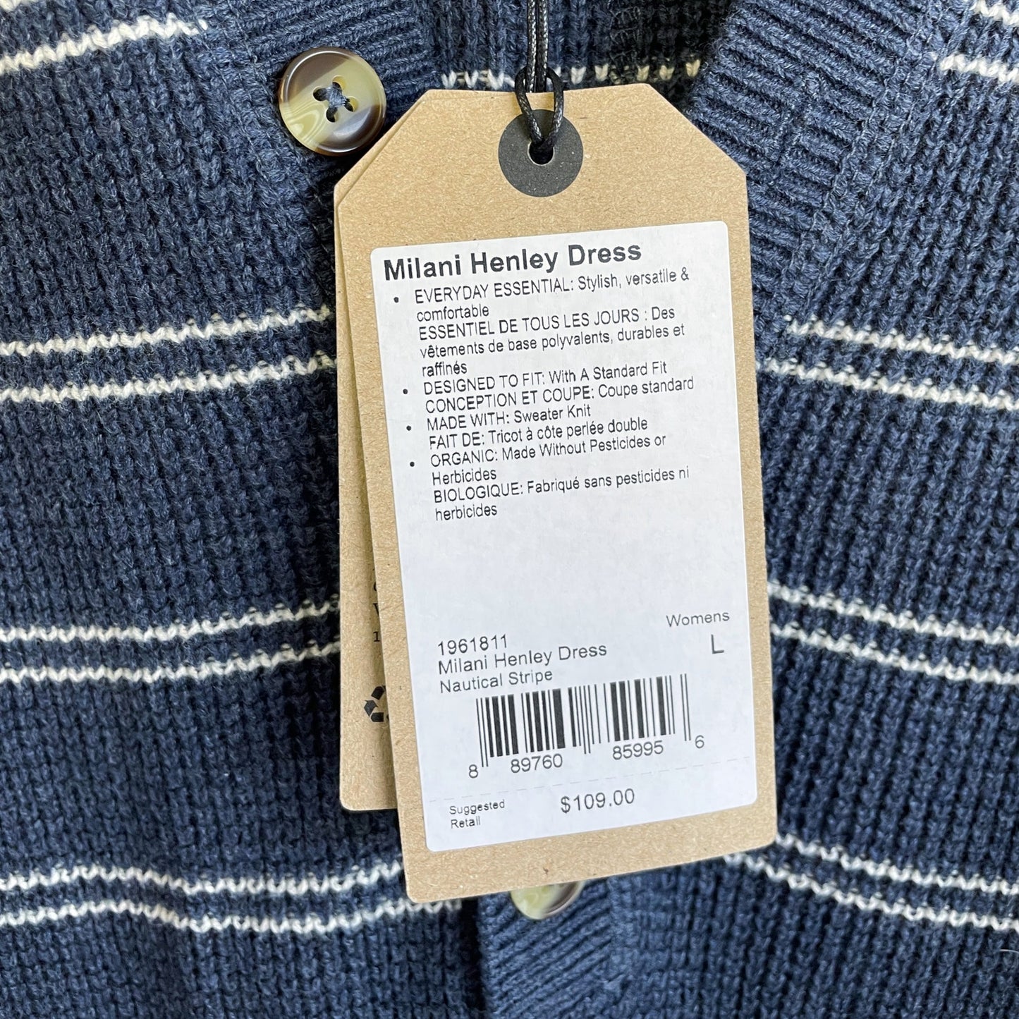 prAna Womens Milani Henley Dress Large Nautical Stripe Blue Waffle Knit NWT