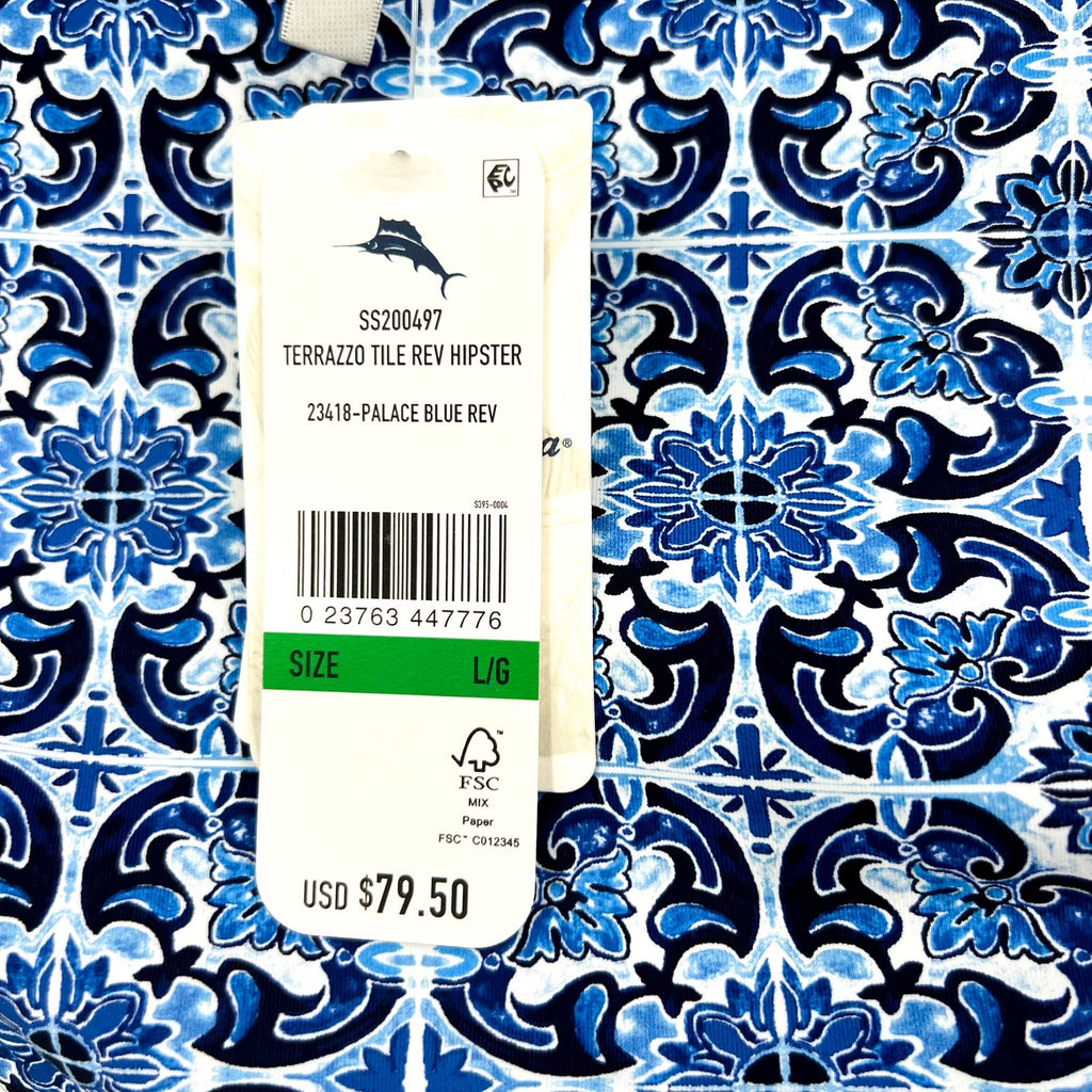 TOMMY BAHAMA Terrazzo Tile Reversible Hipster Bikini Bottom Large Blue Print NWT