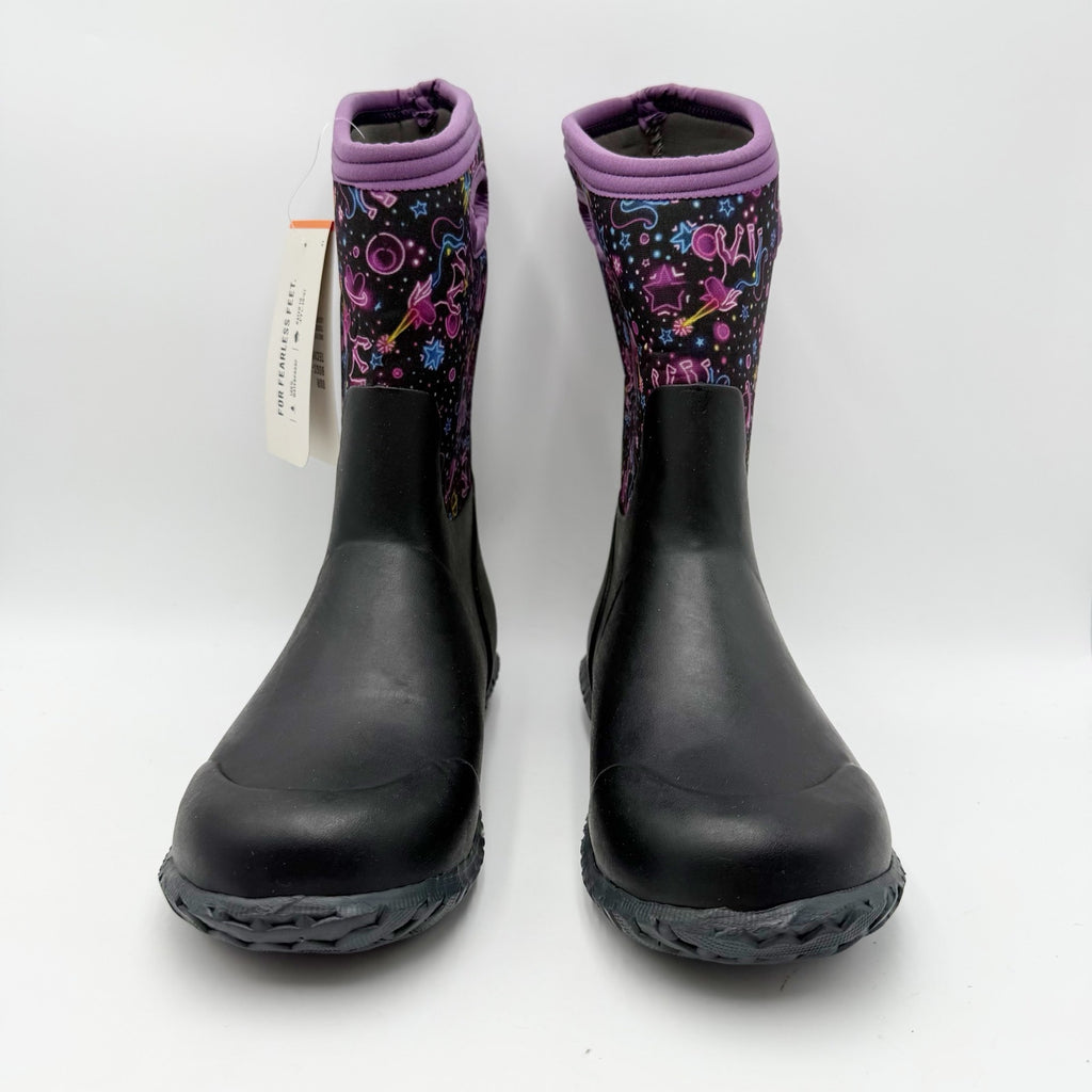Bogs Girls York Rain Boots Size 5 Black Purple Neon Unicorn Waterproof NWOB
