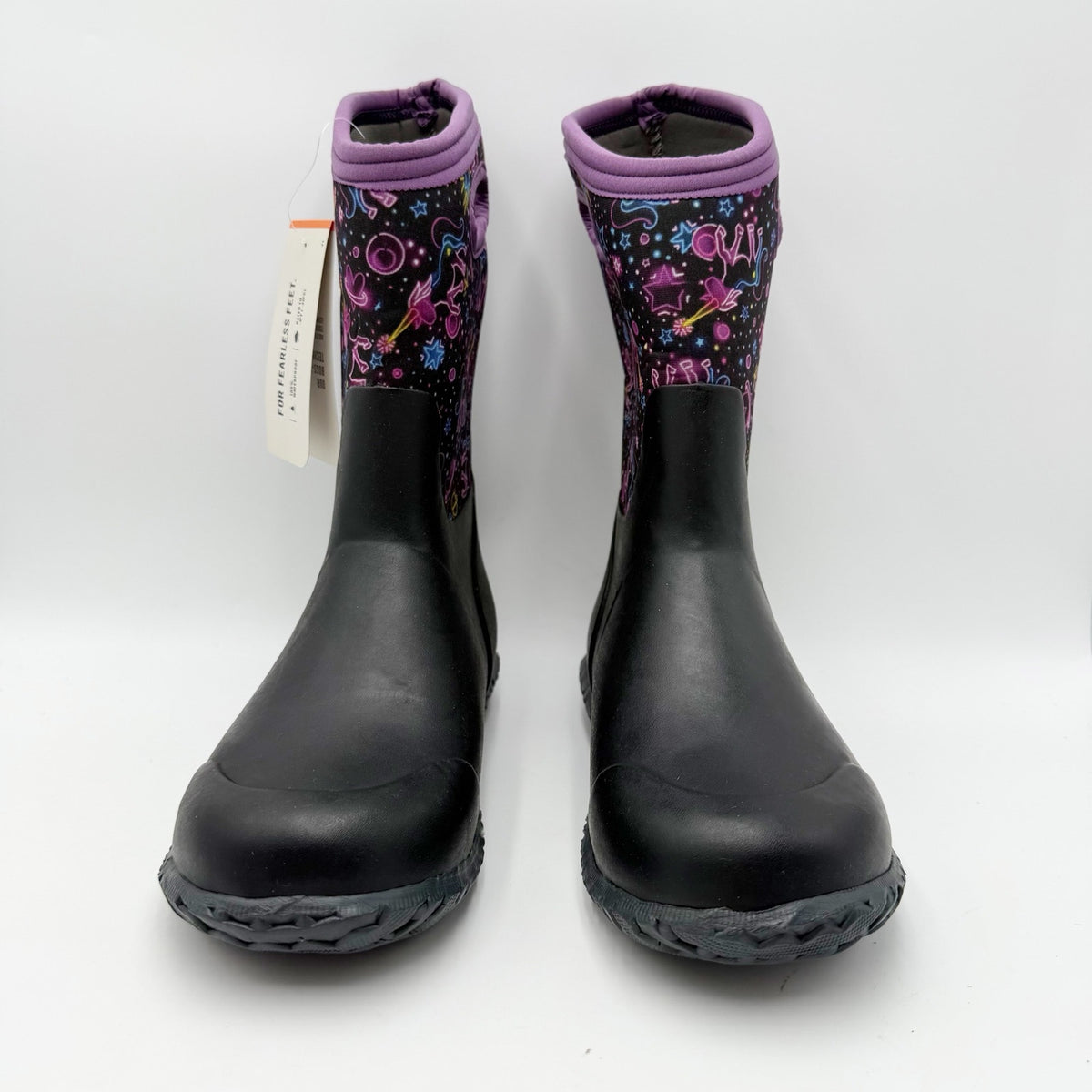 Bogs Girls York Rain Boots Size 5 Black Purple Neon Unicorn Waterproof NWOB
