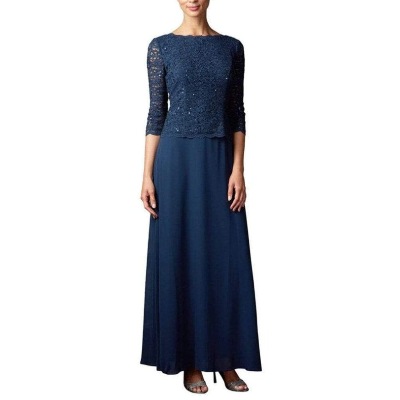 ALEX EVENINGS Sequin Lace Mock Dress Size 16 Navy Chiffon Skirt Sleeves NWT