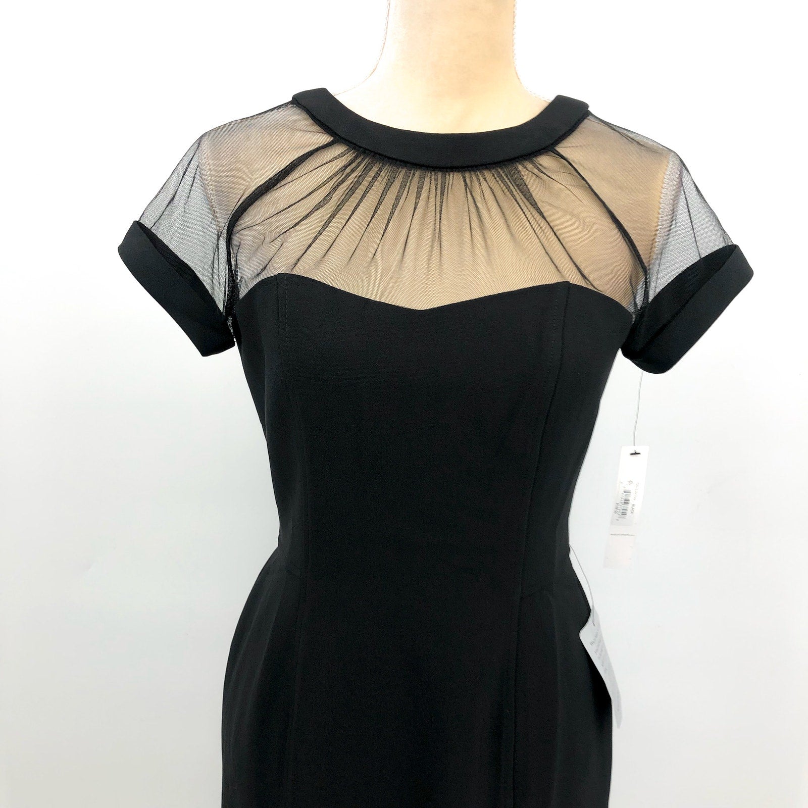 MAGGY LONDON Women's Short Sleeve Illusion Sheath Dress Size 4 Black V Back NWT