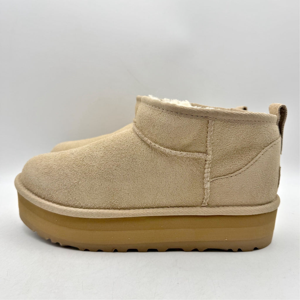 UGG Women Classic Ultra Mini Platform Boot US 5 Sand Suede Fur Plush Lining NWOB